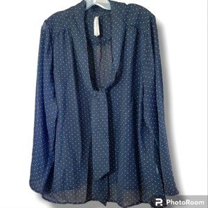 PENNINGTONS black sheer polka dot vneck with tie long sleeve blouse